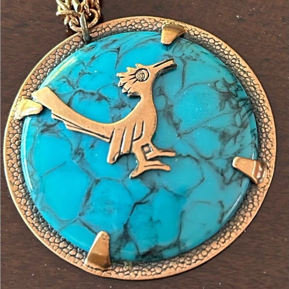 Vintage America Jewelry - Vintage Turquoise and Brass necklace with a unique bird design, 16 inches long